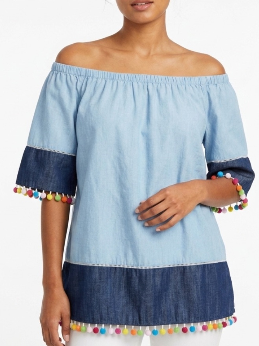 Ali Miles Two-Tone Chambray Off-Shoulder Top with Multicolor Pom Trim in Size M